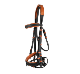 Cabezada inglesa doma "Los Nietos Dressage" con doble rienda Biothane | Negro y avellana