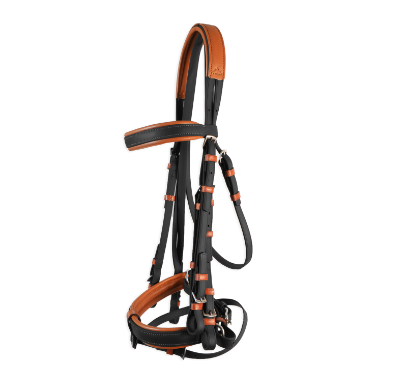 Cabezada inglesa doma "Los Nietos Dressage" con doble rienda Biothane | Negro y avellana