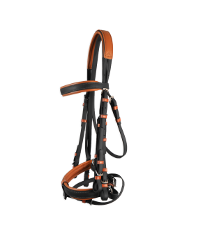 Cabezada inglesa doma "Los Nietos Dressage" con doble rienda Biothane | Negro y avellana