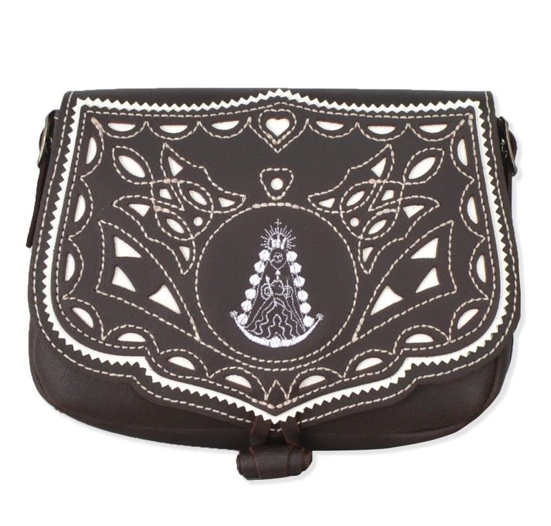Bolso rociero ribete picado Virgen | Engrasado fondo blanco