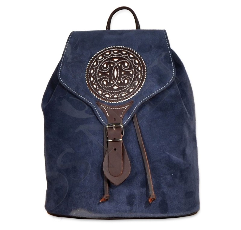 Mochila De Cuero Y Ante Picado Color Azul Noche