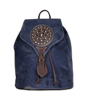 Mochila De Cuero Y Ante Picado Color Azul Noche